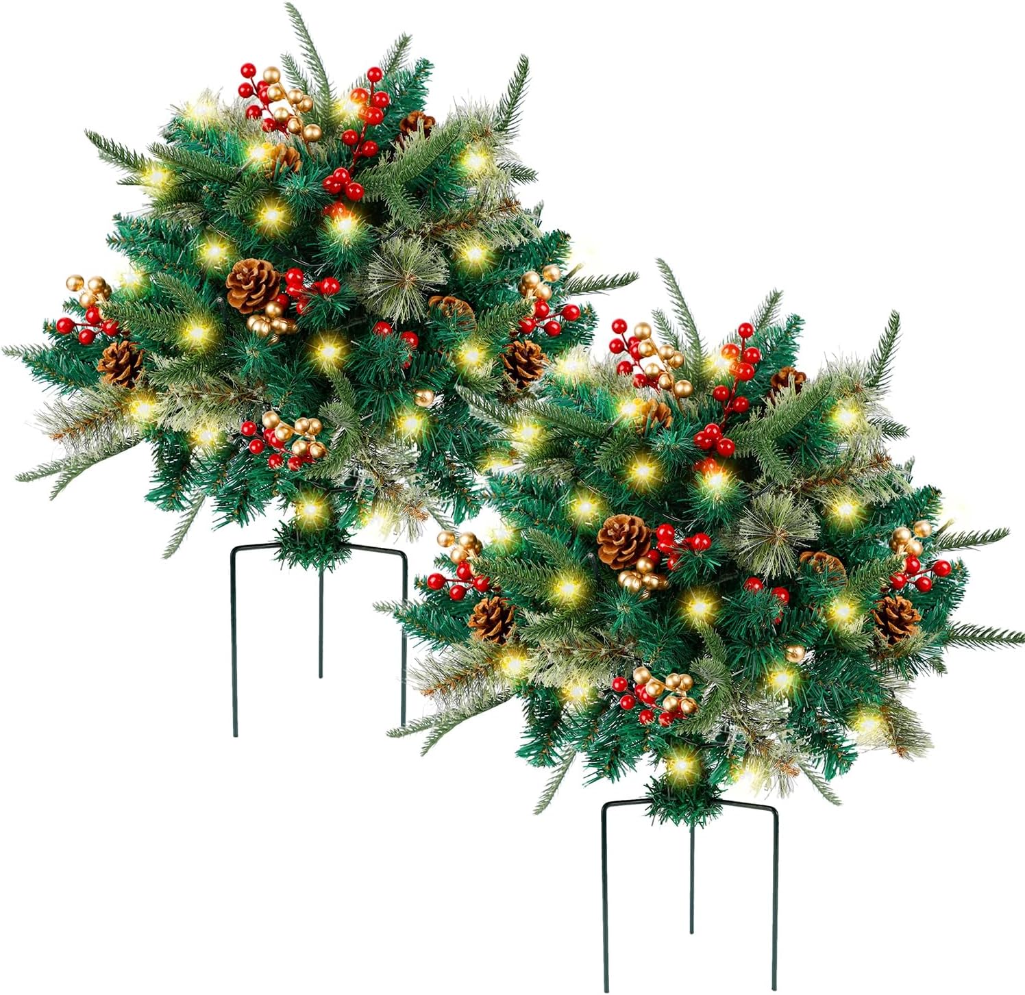 2 Pack Lighted Christmas Urn Filler, 60 LEDs, Berries & Cones